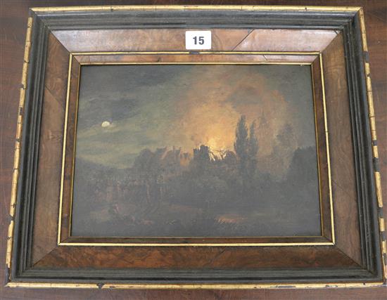 Van Der Poel, oil on canvas, figures around a burning house, 22 x 29cms